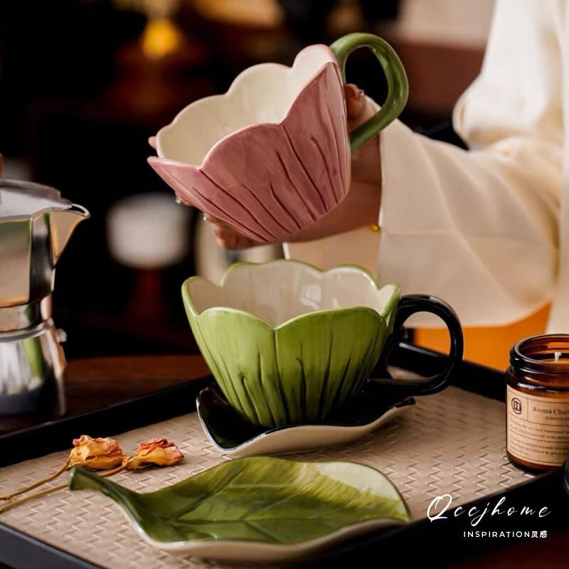 复古手绘浮雕郁金香陶瓷咖啡杯水杯高颜值拿铁下午茶杯小众陶瓷杯