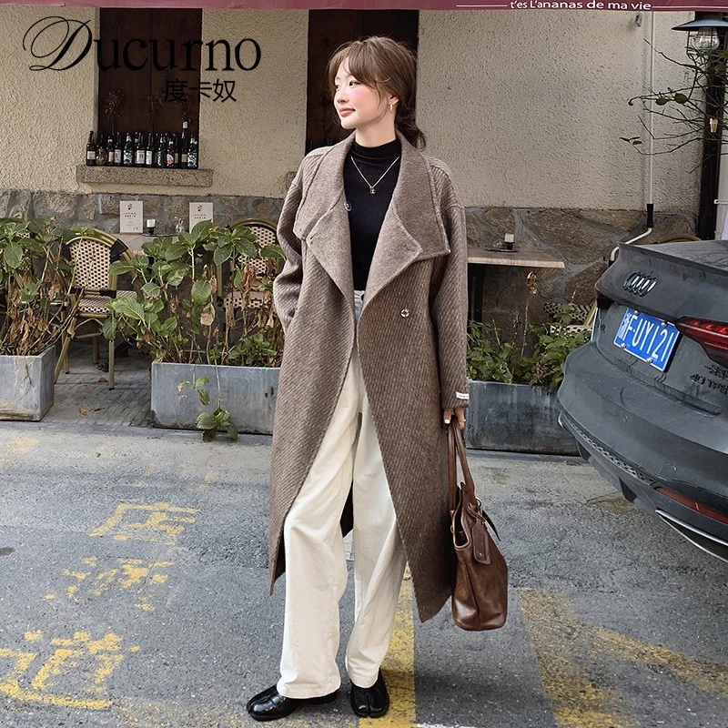 咖色复古斜纹立领双面呢大衣女慵懒风宽松显瘦过膝长款毛呢外套