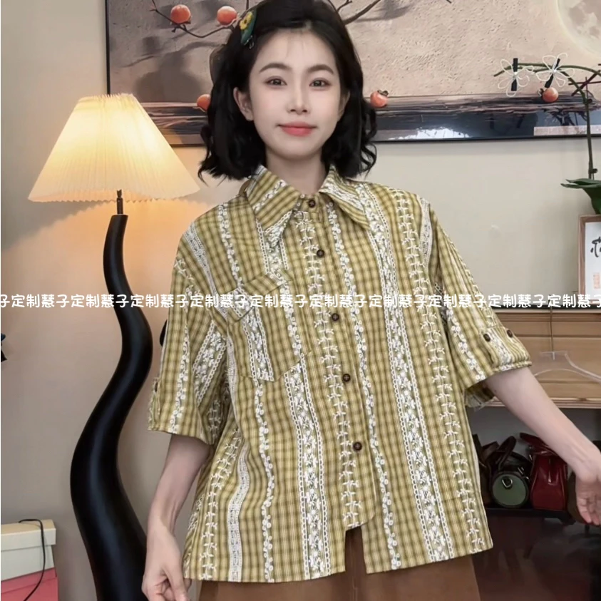 HZ“小苍兰”原创黄色花边棉料夏季薄款小众折叠袖（扣子可拆）上衣