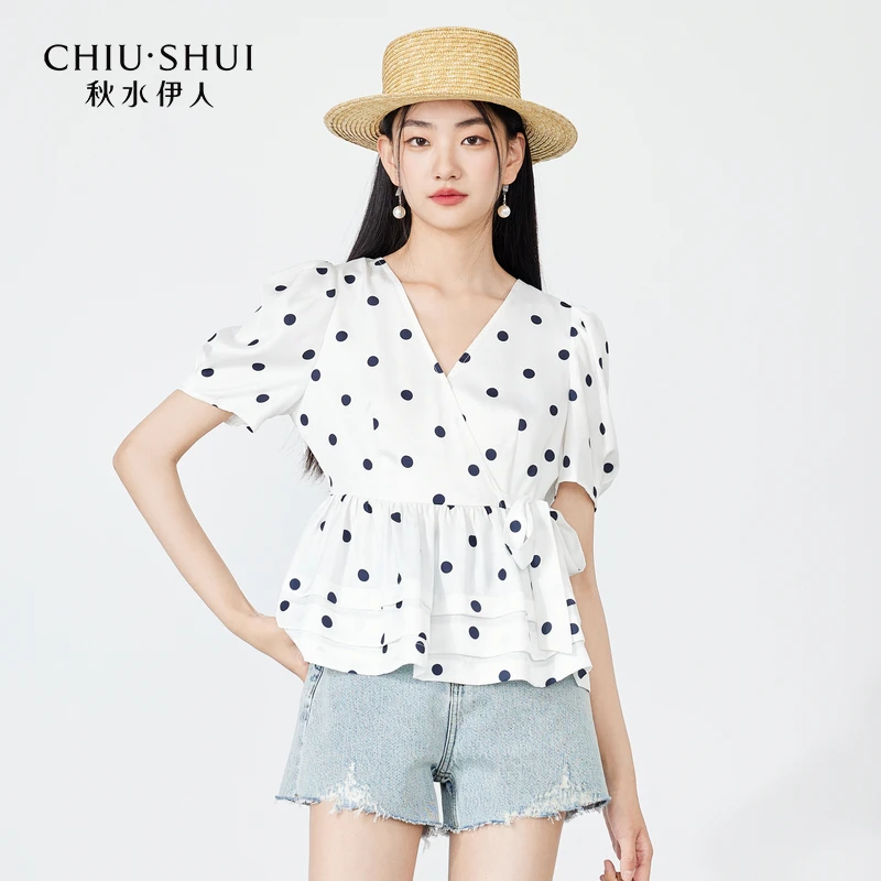 【品牌折扣】秋水伊人复古波点雪纺衫女夏季新款女装法式浪漫收腰