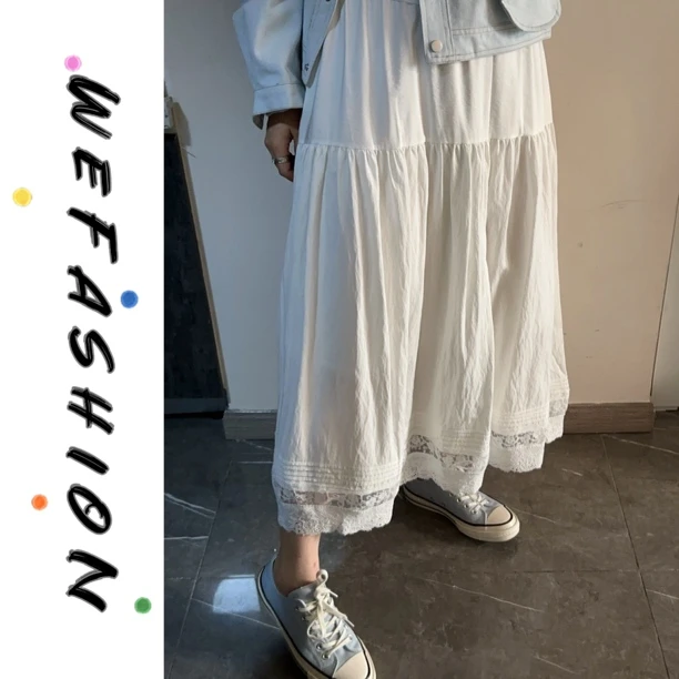 【WE】北海道少女！镂空蕾丝棉麻纯色垂感半身裙-80100