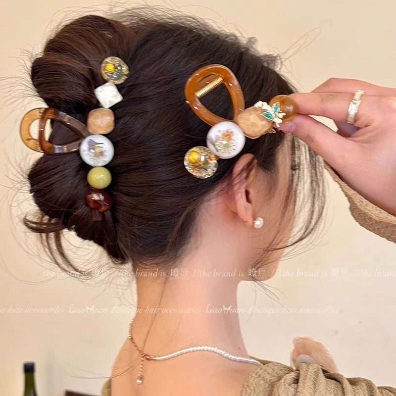 韩系复古清新永生花抓夹女2025新款高级感后脑勺发夹气质鲨鱼夹子