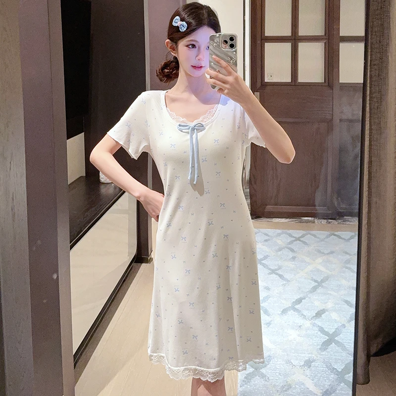 夏季莫代尔带胸垫短袖睡裙女甜美可外穿蝴蝶结中长款睡衣裙家居服