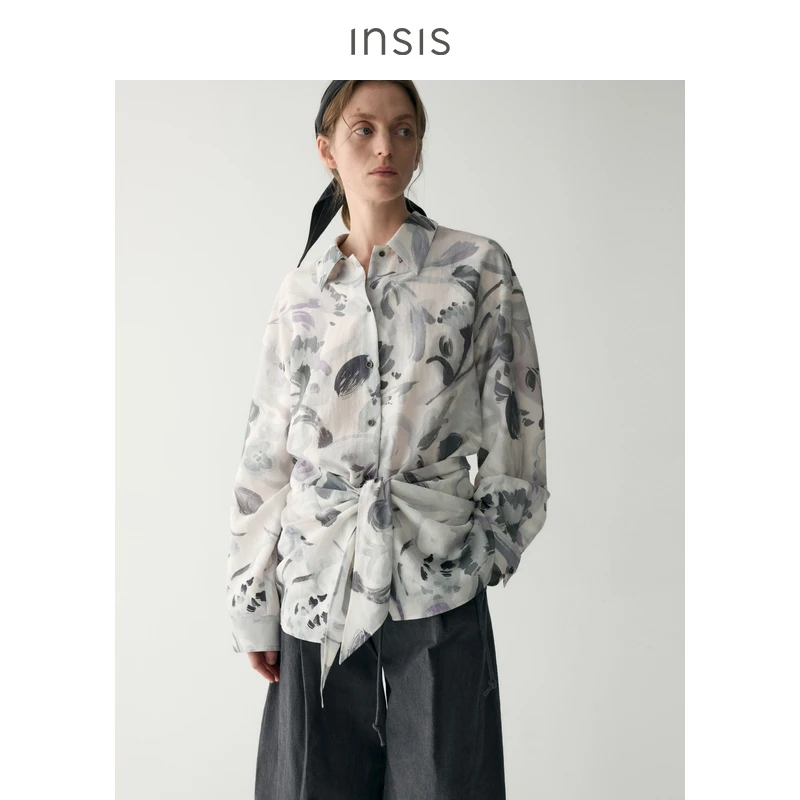 INSISFEMME中长款腰部系带结构印花衬衫FN25211108