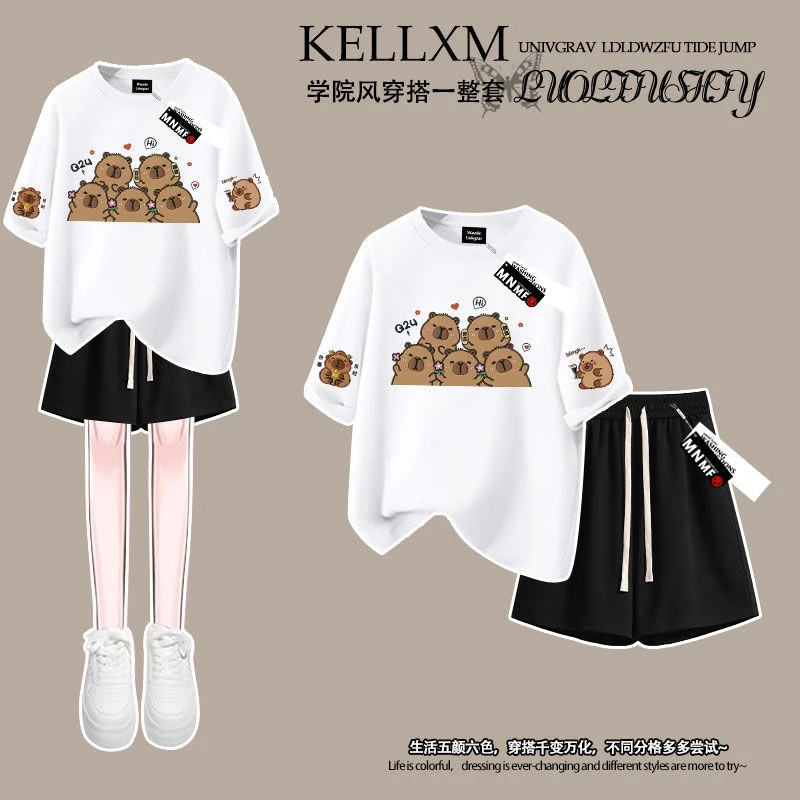 卡皮巴拉印花夏季女童100%纯棉t恤短袖短裤套装chic休闲两件套潮