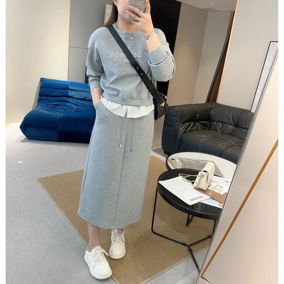 小个子时尚穿搭一整套显瘦卫衣2025新款拼接衬衣下摆半身裙两件套