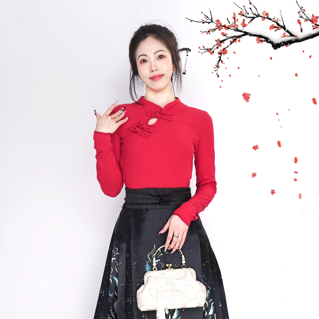 【九璃】安可拉红新中式穿搭盘扣羊毛针织衫毛衣女新款国风色上衣