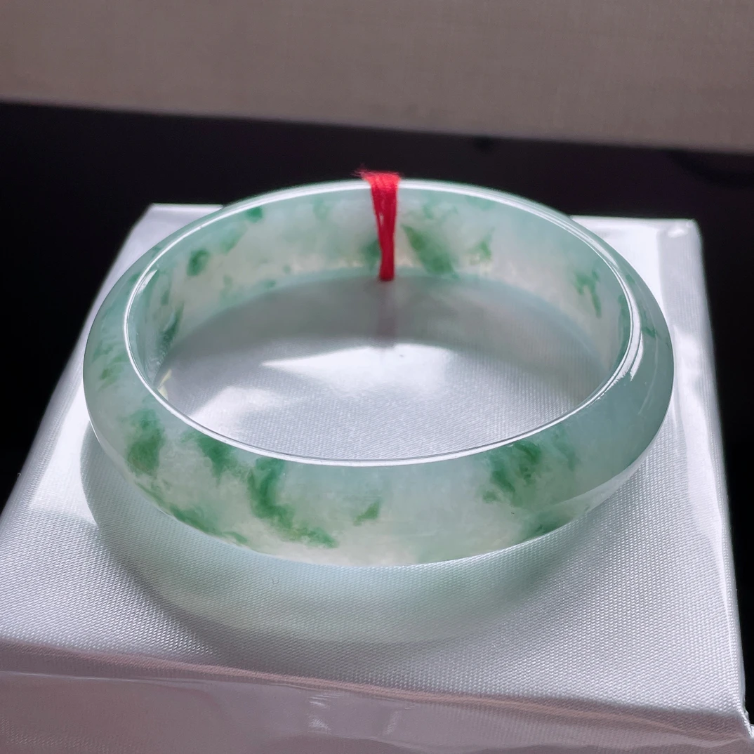 正品天然缅甸翡翠Ａ货 冰种飘蓝花53圈贵妃手镯 种水一致灵动飘逸