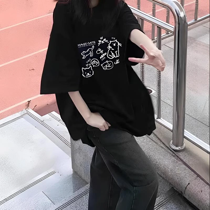 美式正肩t恤女短袖夏季2025新款黑色纯棉宽松半袖小众设计感上衣