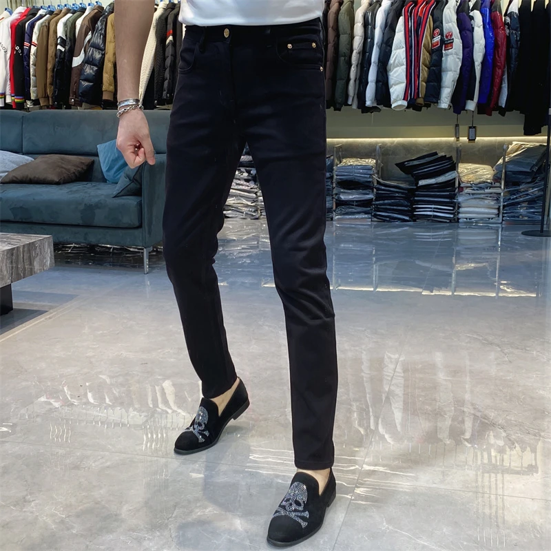 【也许家】男士夏季时尚简约修身弹力牛仔裤显瘦黑色小脚裤TH011