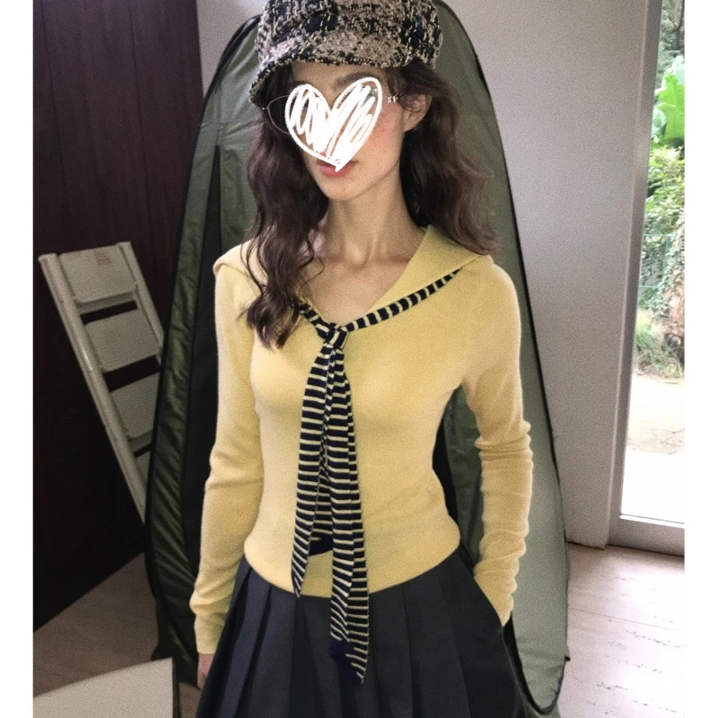 2025年早秋新款韩系穿搭条纹撞色披肩海军领假两件长袖T恤女上衣