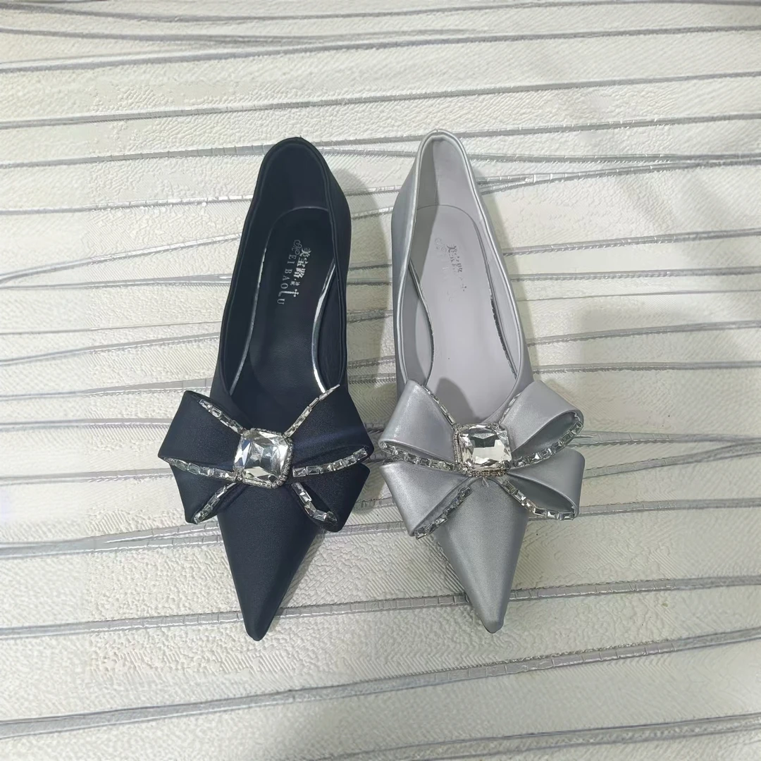 中跟浅口百搭春季细跟高跟细高跟蝴蝶结单鞋时尚低跟