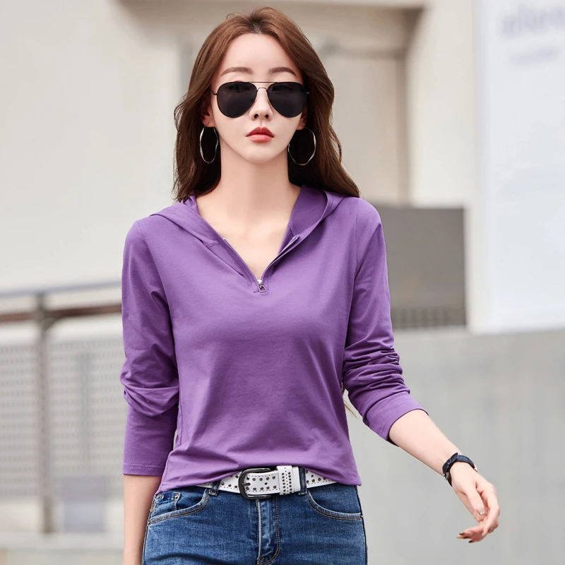 带帽拉链长袖T恤2025新款纯色女士圆下摆时尚休闲百搭修身显瘦