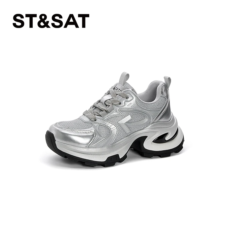 星期六时尚老爹鞋女2025春季新款圆头系带潮酷百搭舒适厚底运动鞋