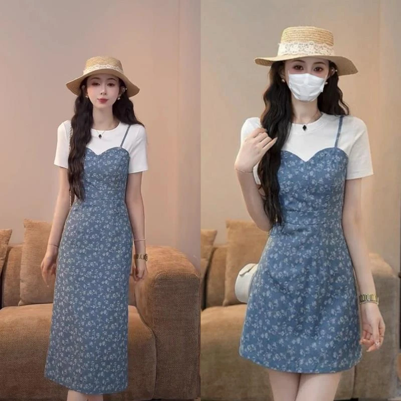 2025夏季618法式浪漫蓝色小碎花假两件圆领显瘦连衣裙长短款