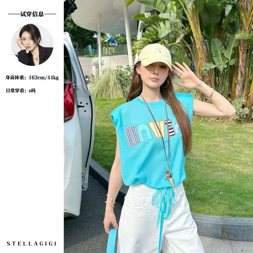 SG / 杨依姗 SS韩系彩色字母刺绣休闲百搭无袖冰丝上衣T-20251006