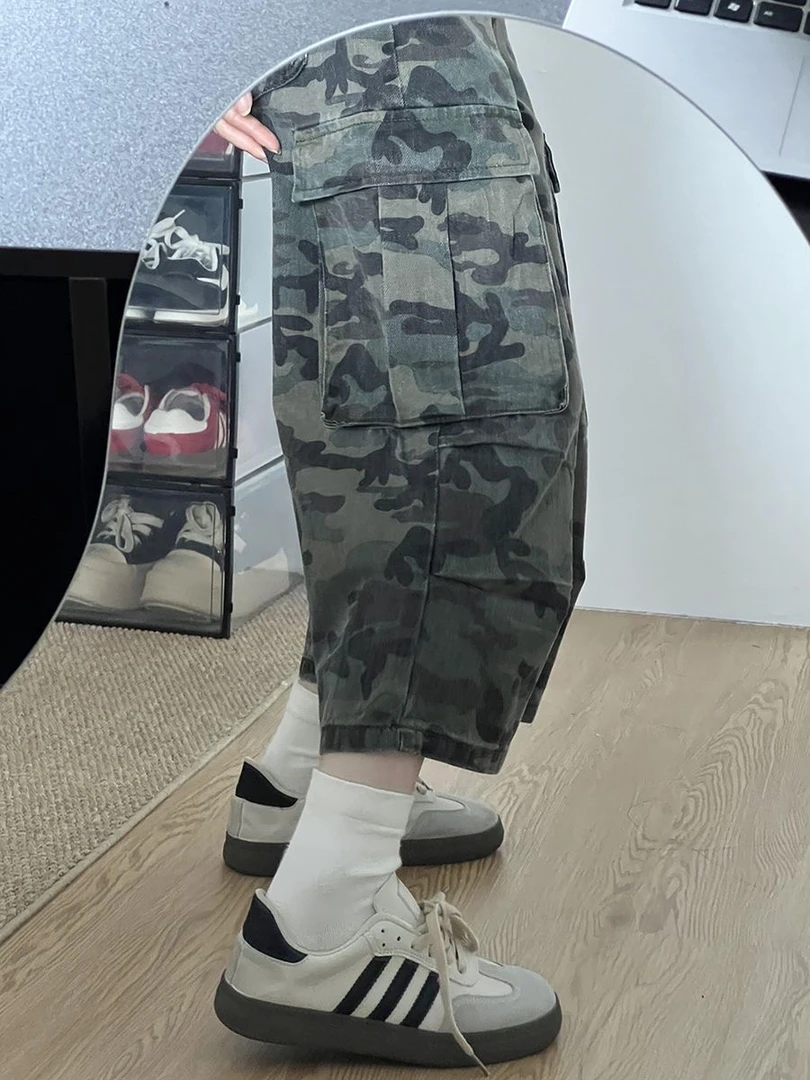 高街直筒宽松阔腿短裤潮大码美式复古水洗弯刀解构七分牛仔裤男女