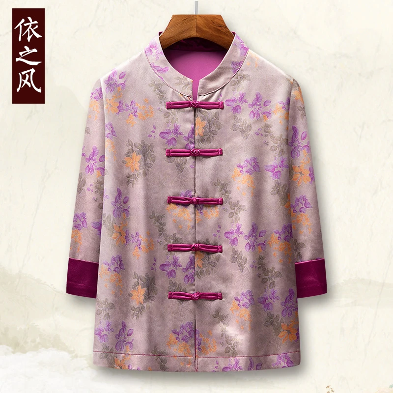 老年人春装唐装女中袖衬衣新中式轻薄外套女气质上衣夏季清凉舒适