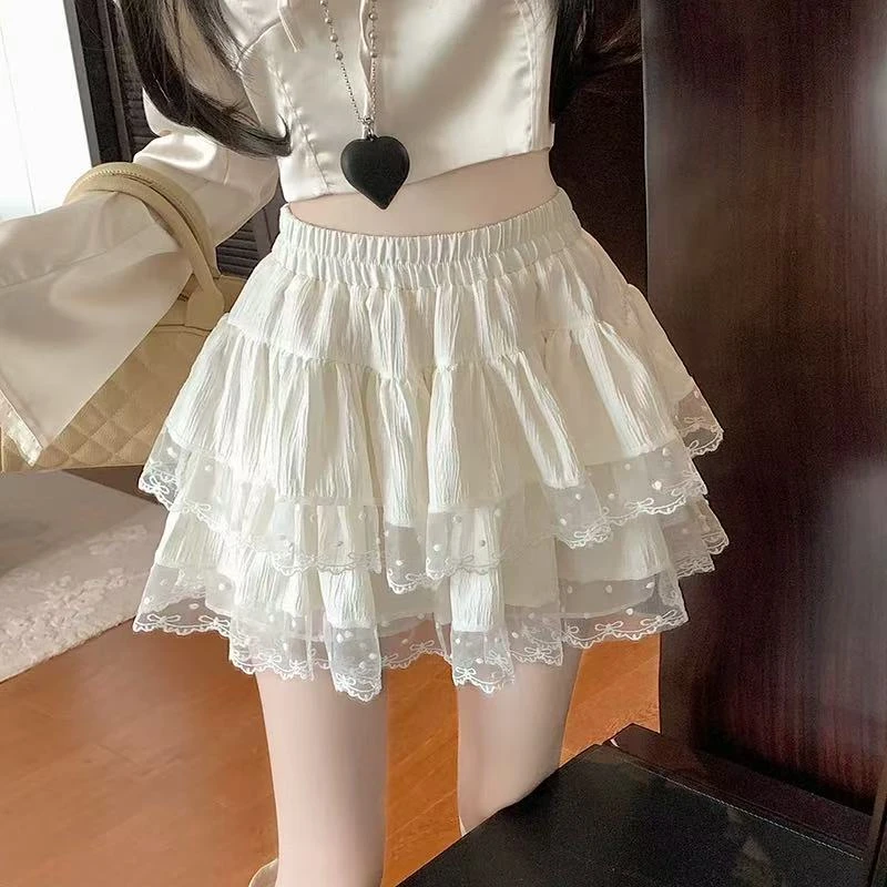 芭蕾风蕾丝花边半身高腰防走光蓬蓬短裙