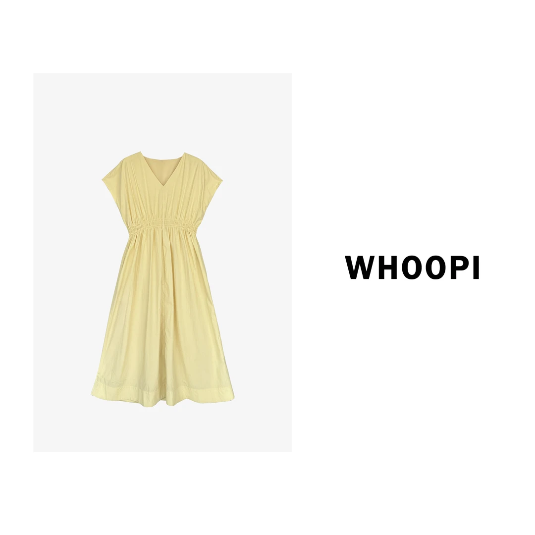 【Whoopi】【冰镇柠檬】高级感纯色V领打揽收腰显瘦连衣裙通勤长裙