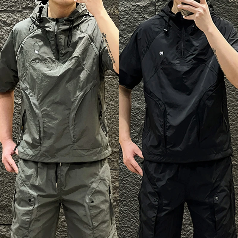 夏季潮流设计速干拼接透气T恤工装连帽短袖t男士时尚轻薄套头半袖