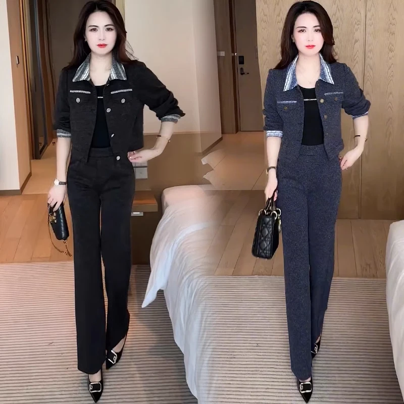 时尚套装女春秋新款洋气减龄显瘦翻领拼接短外套高腰阔腿裤两件套