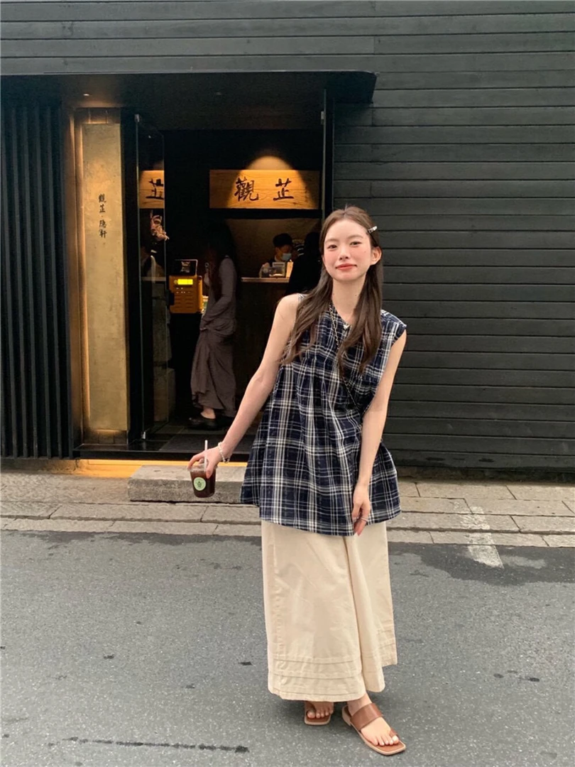 夏季格子蓝色无袖夏天背心夏天背心蓝色无袖娃娃衫上衣显瘦