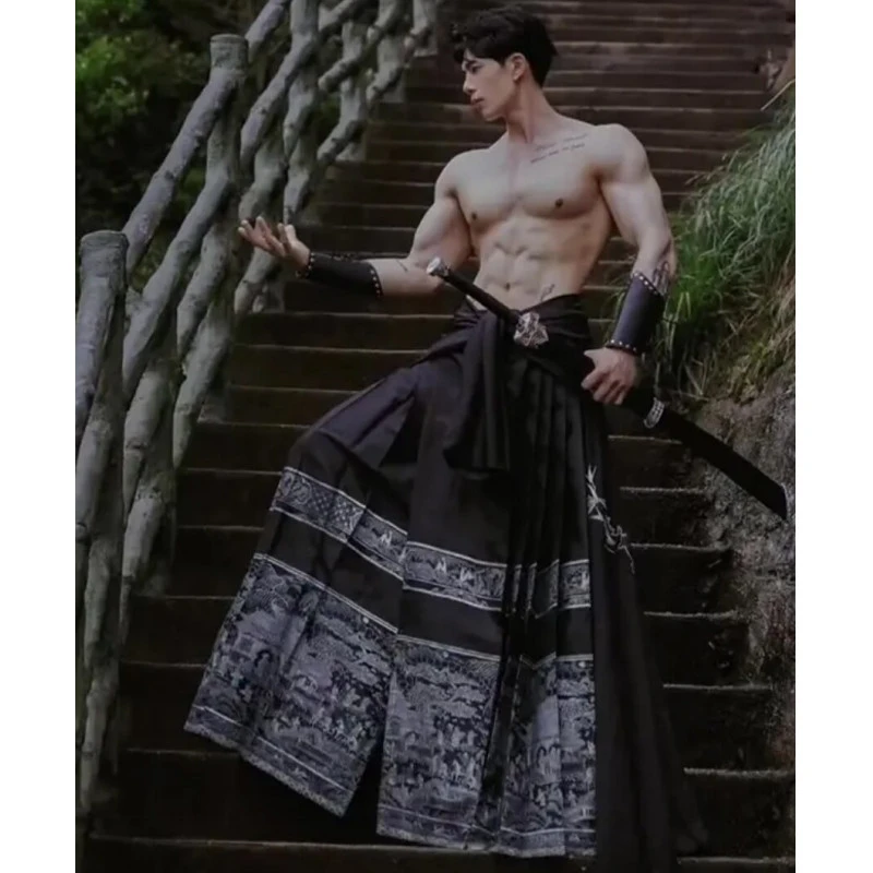 新中式男装中国风黑色马面裙秋季改良汉服高级感古装侠客百褶裙裤