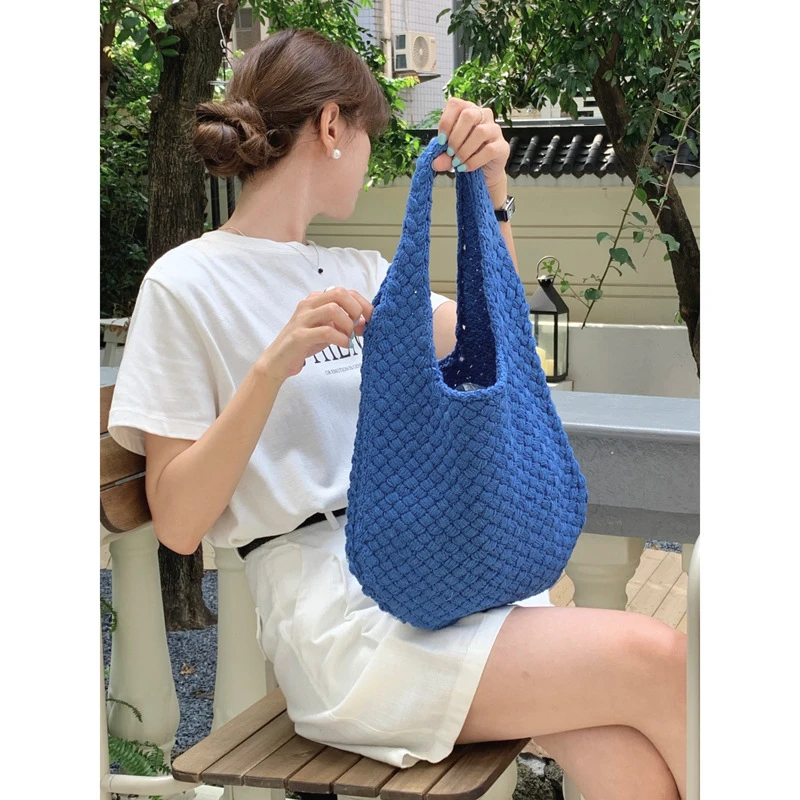 复古文艺百搭韩版针织单肩包大容量托特包复古纯色编织购物袋