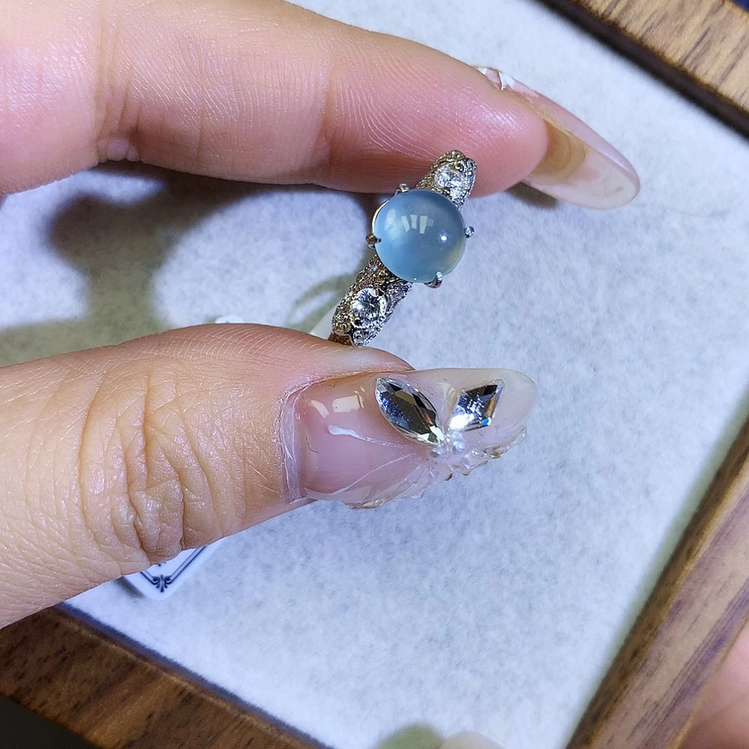 翡翠戒指银S925镶嵌天然翡翠蛋面戒指