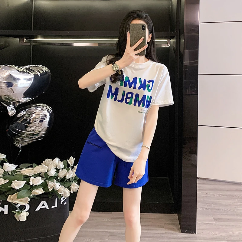 潮牌时尚休闲运动套装女夏季时尚减龄宽松短袖T恤蓝色短裤两件套