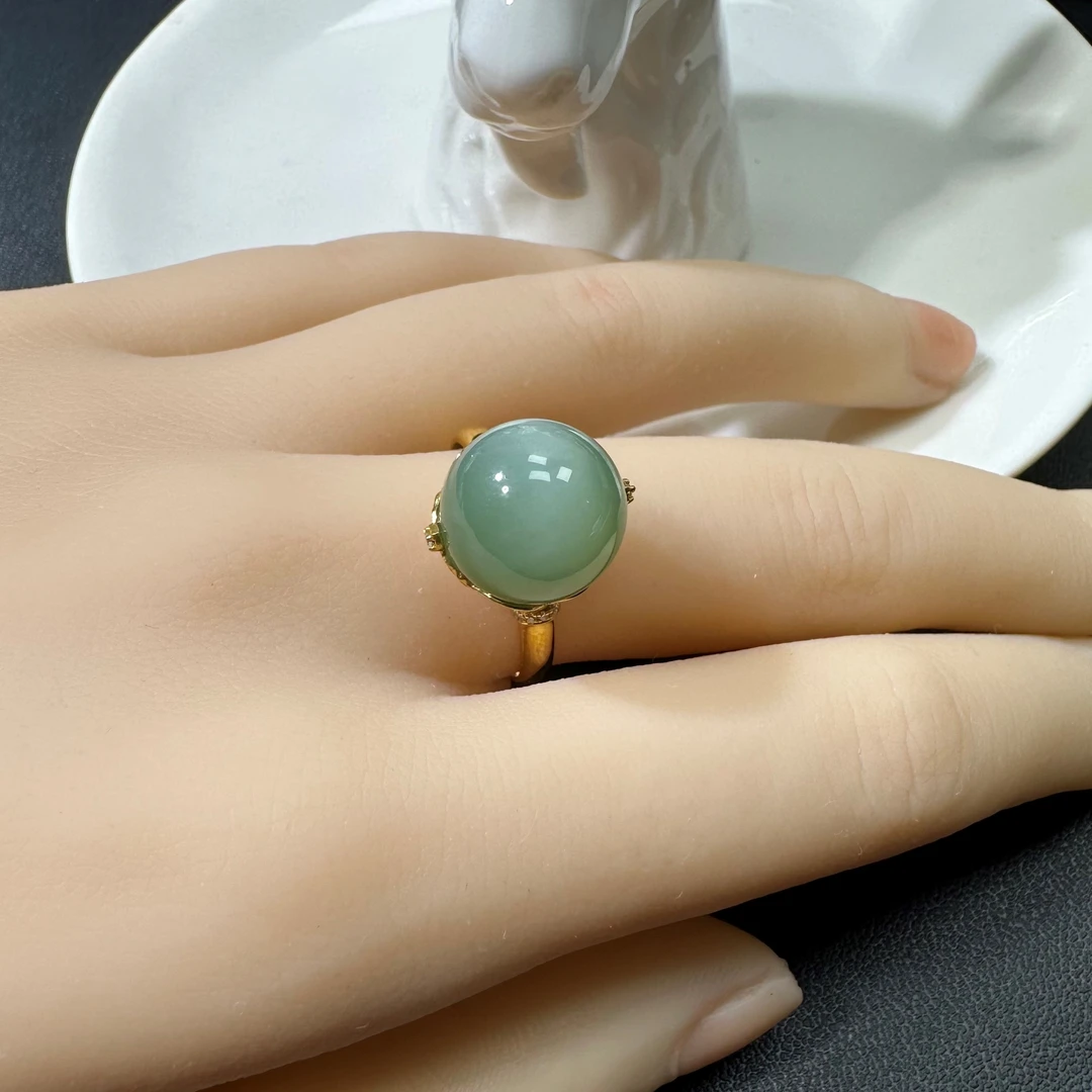 俄料碧玉粉青猫眼圆珠（裸石11.8mm）18K金镶嵌戒指17#简约女士时尚