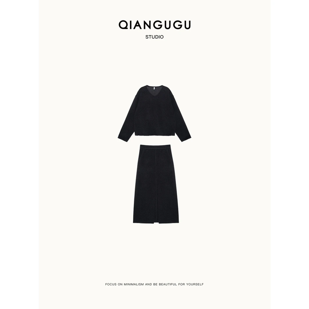 钱谷谷 “懒人套装”宽松V领套头上衣直筒半身裙套装 Q24071103