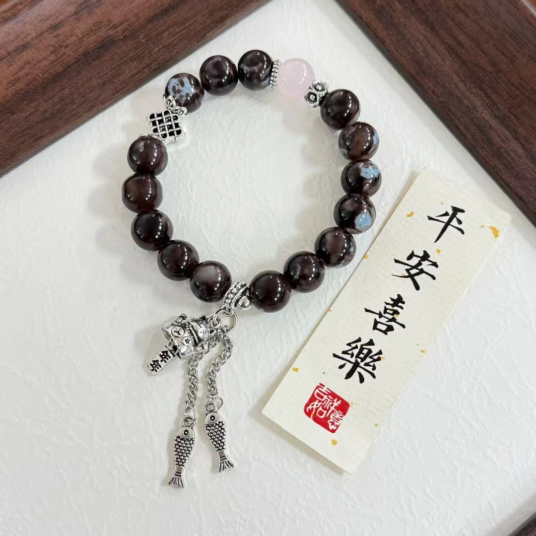 钛钢玻璃手链 年年有鱼时尚百搭轻奢单圈铃铛手链民族风男女通用