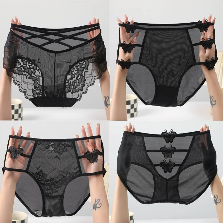 【蕾丝蝴蝶镂空内裤】性感网纱加大码舒适高弹高腰女士三角裤-7638