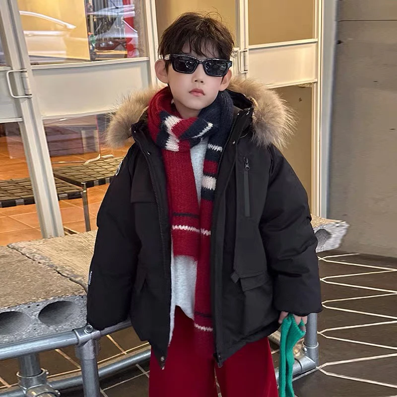 男童冬季加厚加绒派克服大毛领连帽棉衣外套