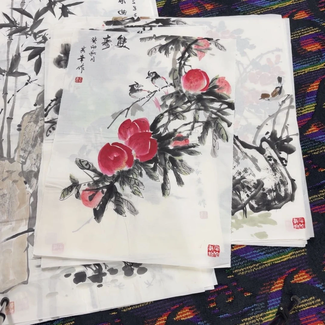 国画四尺三开花鸟童