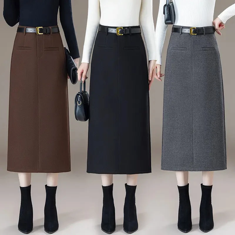 毛呢半身裙女秋冬高腰A字中长款一步裙百搭直筒开叉包臀裙子6859