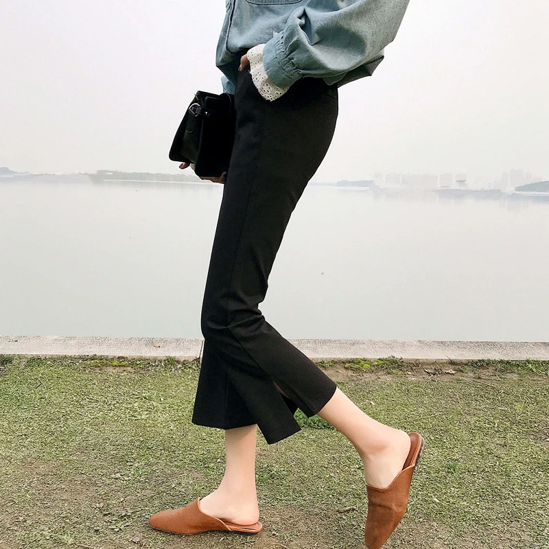 七分裤女2025夏季冰丝微喇叭裤薄款显瘦小个子九分开叉弹力休闲裤