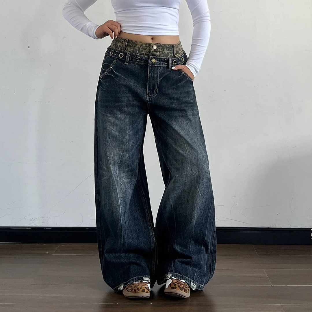 LA17美式复古豹纹拼接双腰头撞钉装饰牛仔裤宽松休闲阔腿裤99884