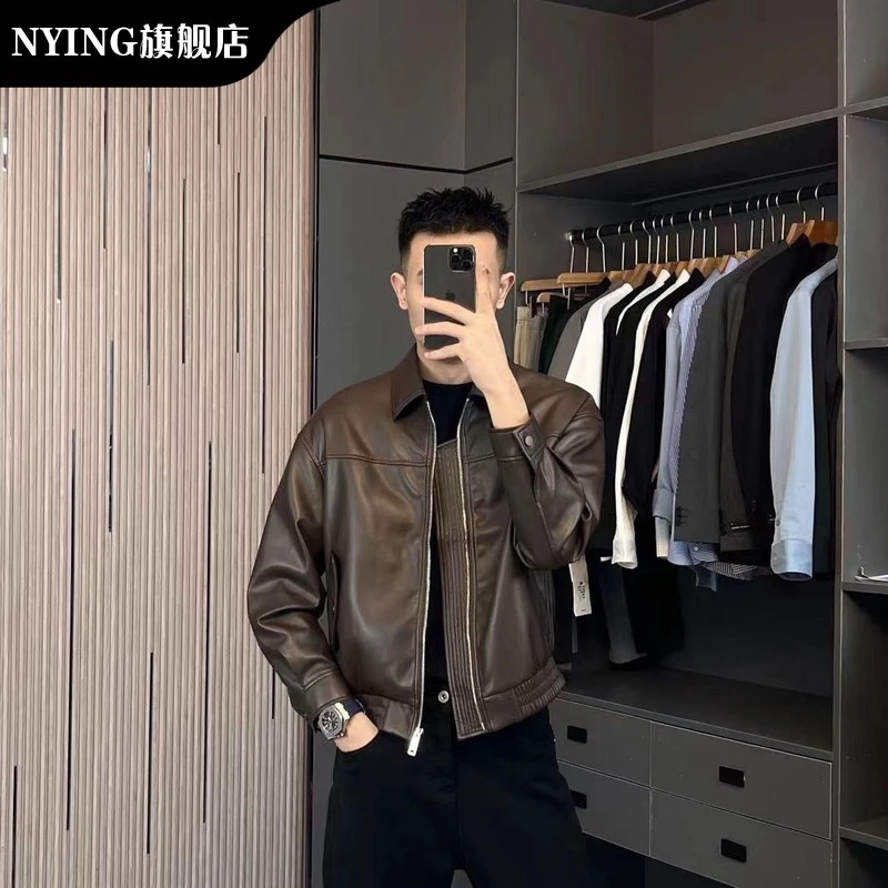 NYING冬季轻熟风皮夹克男士翻领机车服痞帅气外套休闲高品质潮牌