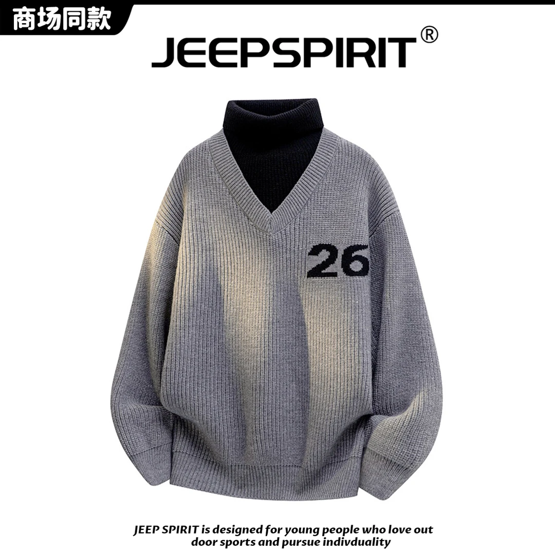 JEEP吉普冬季新款时尚半高领毛衣男女款假两件保暖绵羊绒针织衫潮