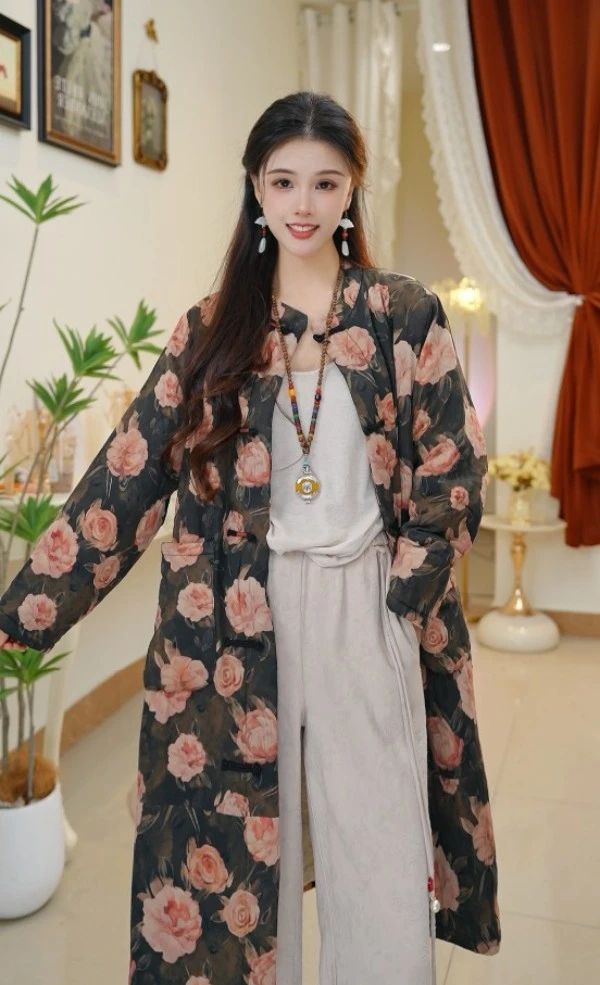 2025新款棉衣蝙蝠袖宽大保暖耐磨秋冬印花棉服碎花立领时尚