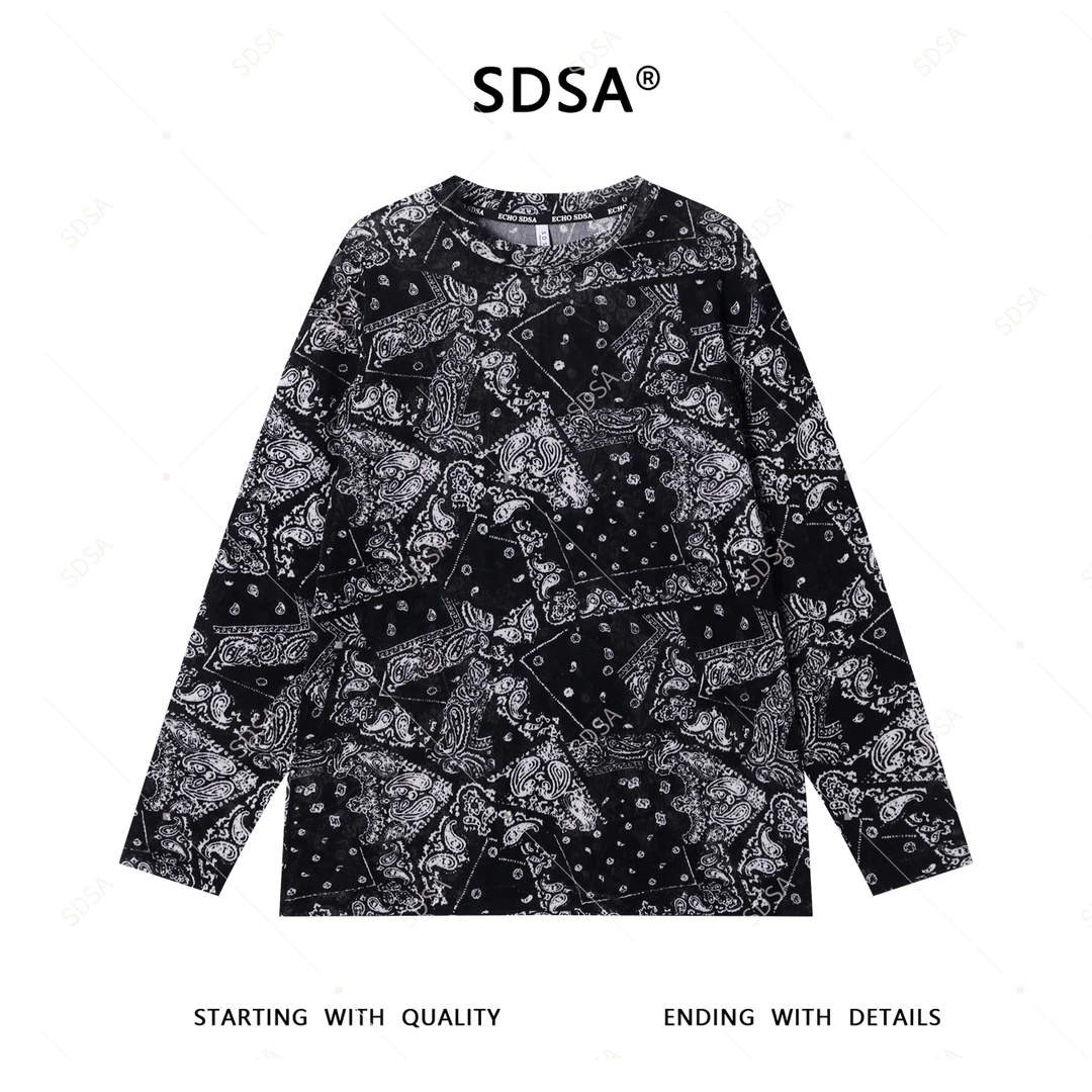 SDSA夏季新款男士痞帅撞色抽象图案设计圆领长袖T恤百搭时尚上衣