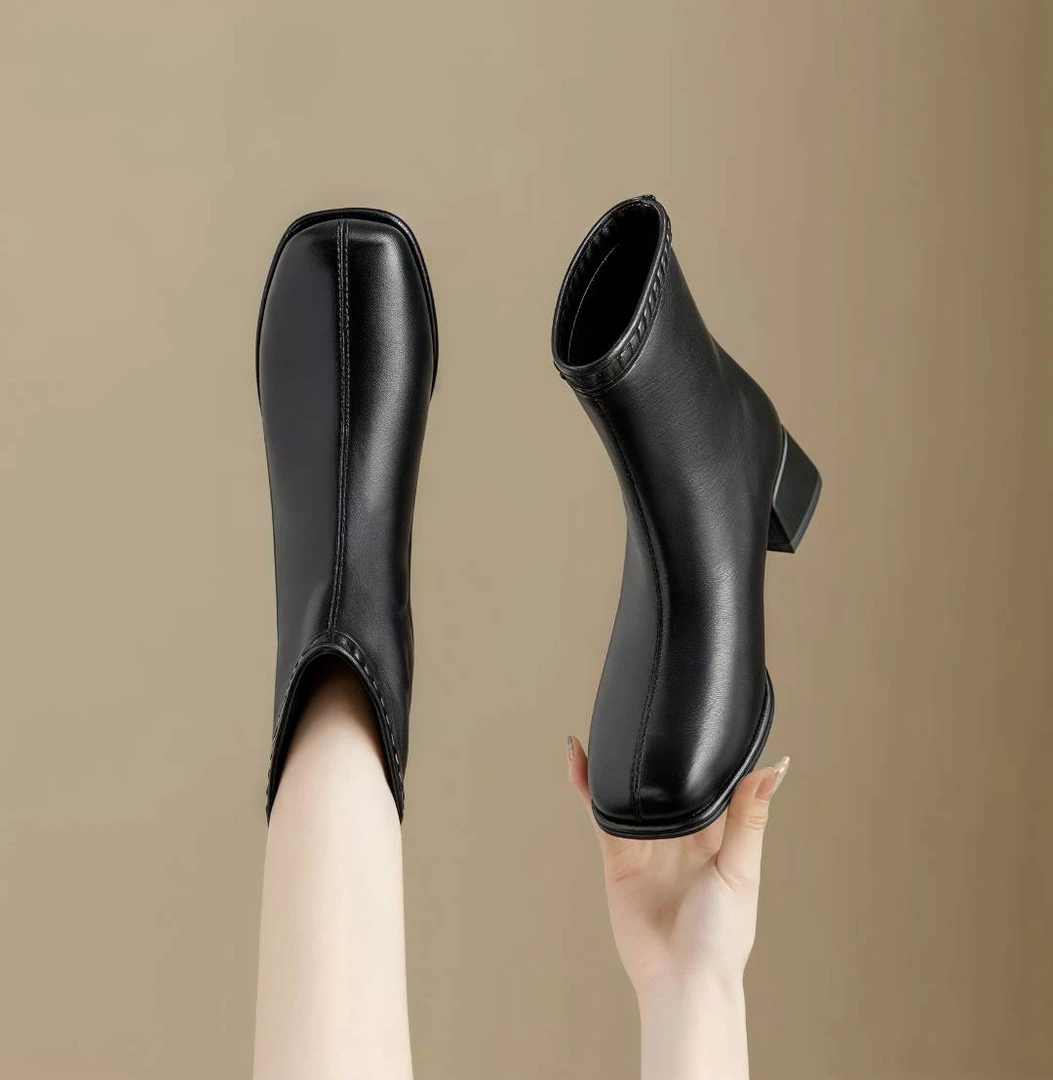 法式方头穿条时装靴跟高3厘米气质时尚百搭秋冬加绒单靴女