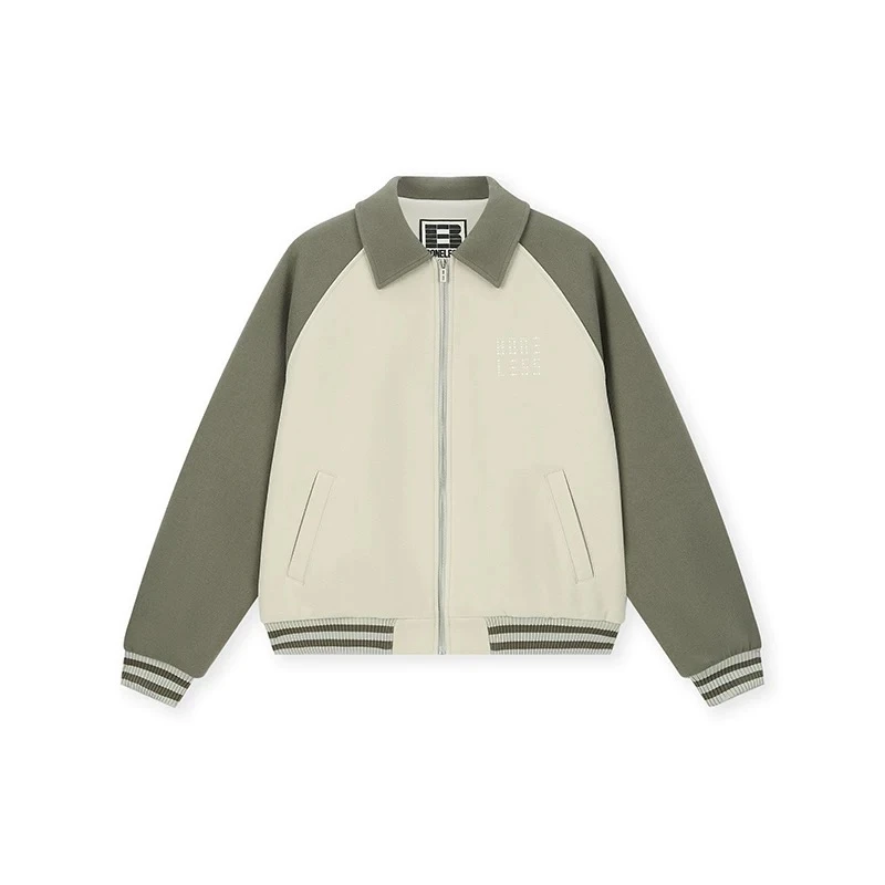 BONELESS翻领插肩袖撞色棒球服仿珍珠刺绣logo外套宽松毛呢夹克秋