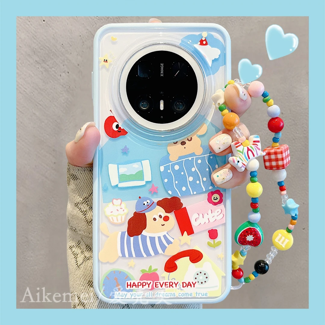 适用华为mate70pro+手机壳蓝框二合一mate60pro+狗狗猫咪插画链条