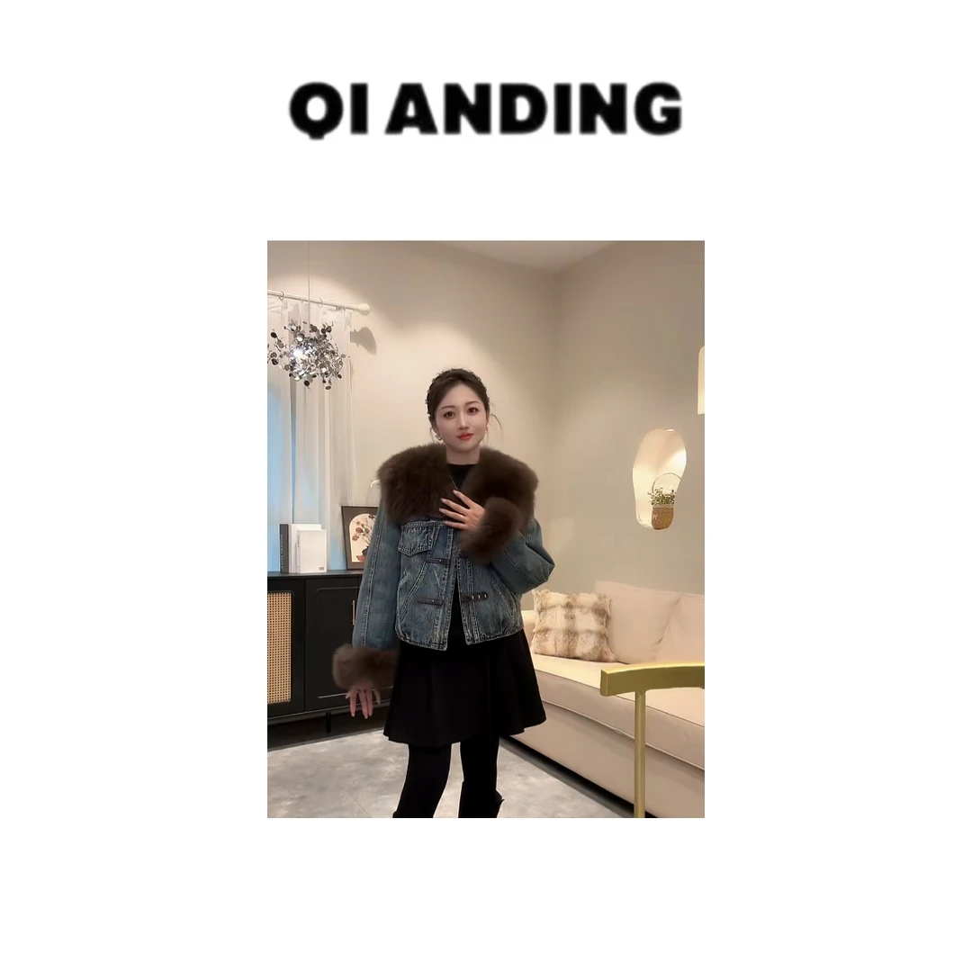 【QIANDING】狐狸领牛仔白鹅绒羽绒服皮草外套F171