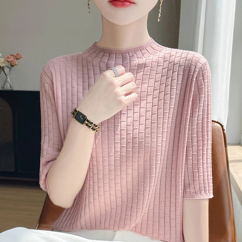 时尚女装品牌夏季新款时尚针织衫女短袖T恤女洋气百搭显瘦上衣