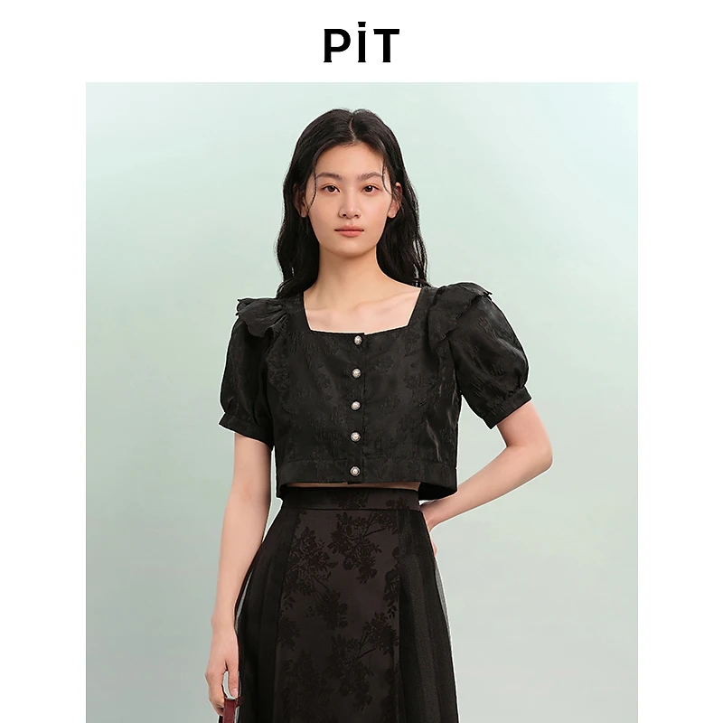 PIT法式复古提花方领泡泡袖短款开衫衬衫女2025夏新轻薄透气上衣